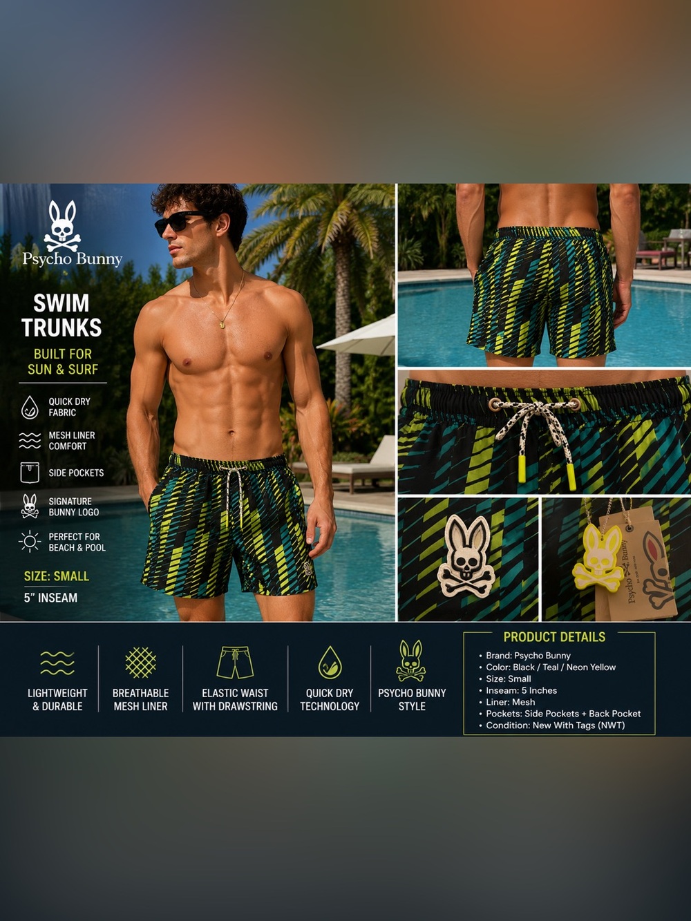 Psycho Bunny Men's Swim Trunks Shorts Geometric Print Mesh Lined Size Small NWT